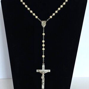 Vintage Faux Pearl Rosary Silver Tone Catholic Rosary